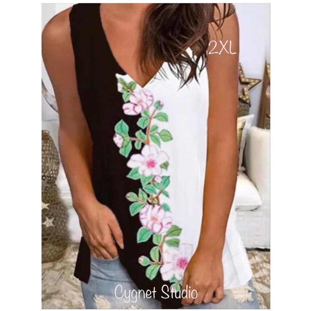 Shift Sleeveless Top with Pink Floral Print - 2XL
